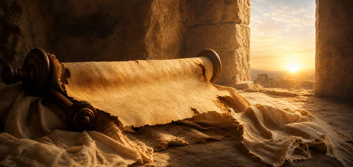 Torn temple veil, empty stone tomb, and dawn light suggesting resurrection hope