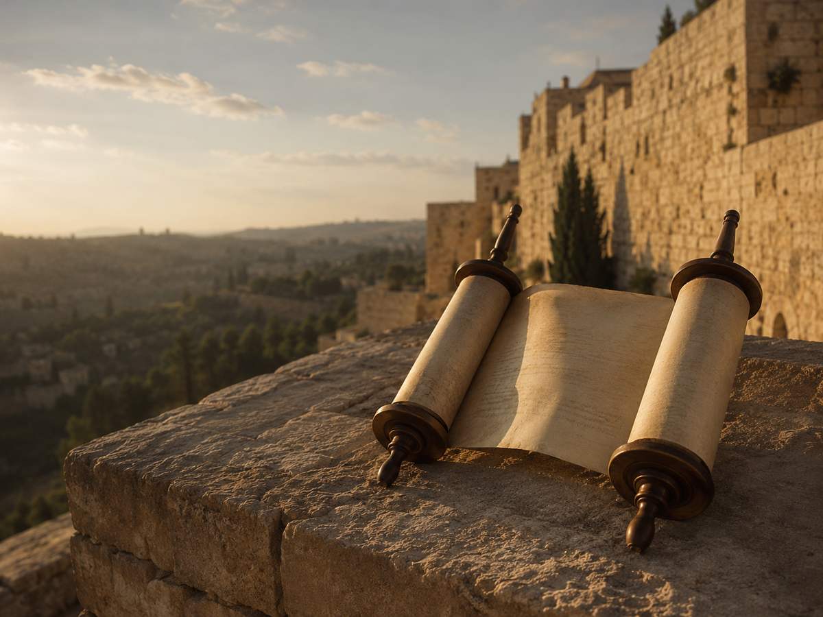 Open Torah scroll and Hebrew study materials in golden light