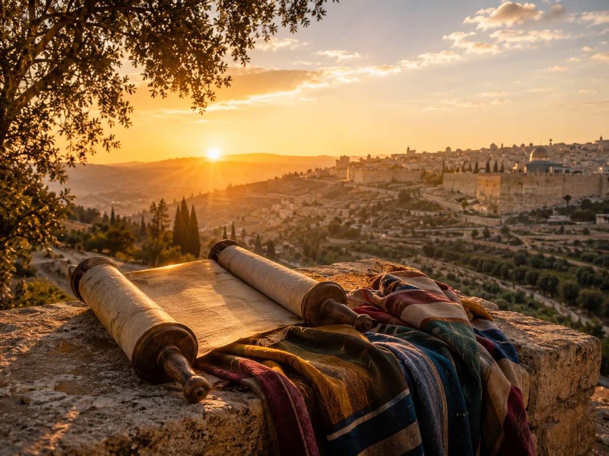 Open Torah scroll and Hebrew study materials in golden light