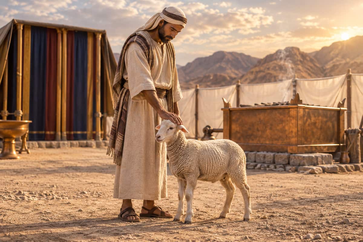 Artistic depiction of an Israelite worshiper laying a hand on an unblemished lamb near the tabernacle altar